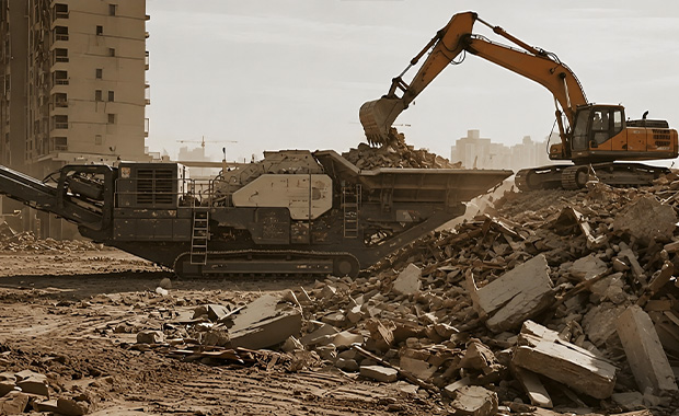 Construction and demolition waste pile at urban site requiring recycling